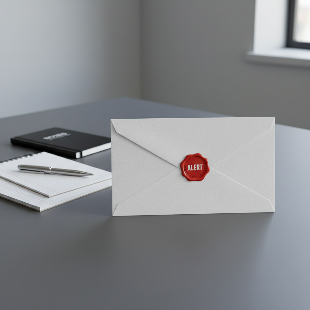 A crisp, closed envelope made of thick white cardstock rests atop a minimalist charcoal-gray work surface, its flap sealed and marked with a prominent red “alert” seal. Around the envelope, a few notepads and a polished steel pen are organized with precision. Cold white overhead lighting casts soft, neutral shadows, highlighting the envelope’s textured surface. The setting is clean and modern, with the muted palette creating a no-nonsense, professional mood. Shot from a slightly elevated angle, the image uses a rule-of-thirds composition, producing clarity and visual interest. The stylistic approach is photographic and corporate, supporting themes of safe communication and scam alert awareness for the website.